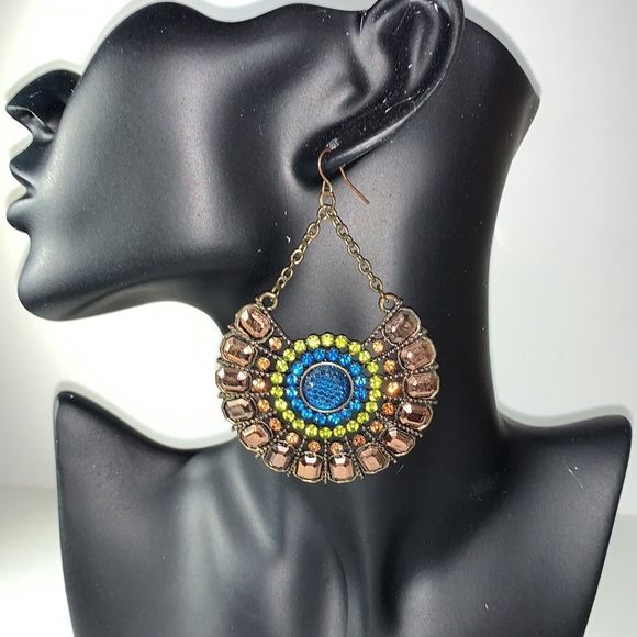 Copper and Sparkle Medallion Statement Pierced Earrings - Blue & Green Stones - Picture 1 of 4